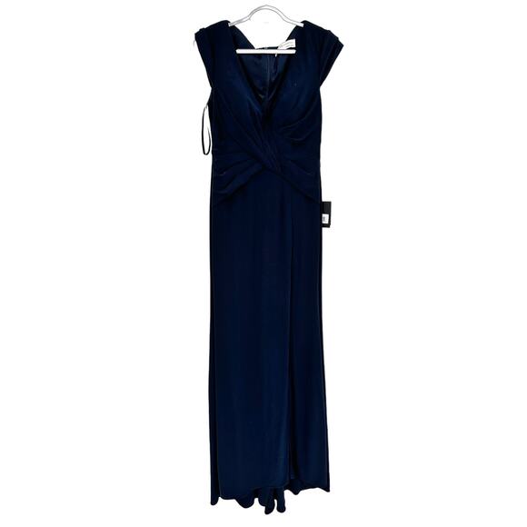 Mac Duggal 26504 V Neck Ruched Maxi Dress Navy Blue Size 6 - Picture 2 of 5